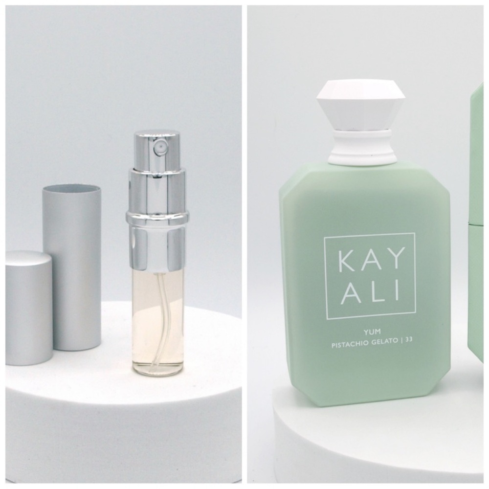 Kayali Yum Pistachio Gelato 33 5ml sample in refillable travel atomizer.